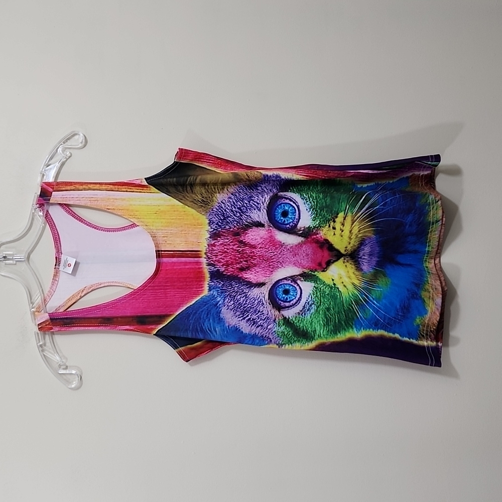 Neon colorful cat face graphic racerback tank top woman's size medium